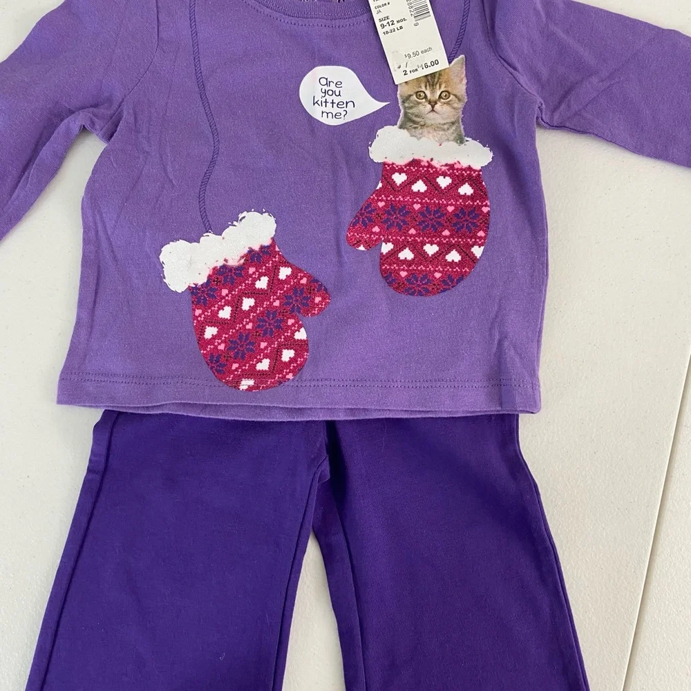 NEW Children’s Place baby girl’s purple kitten graphic decal top pants set 9-12m - Picture 4 of 7